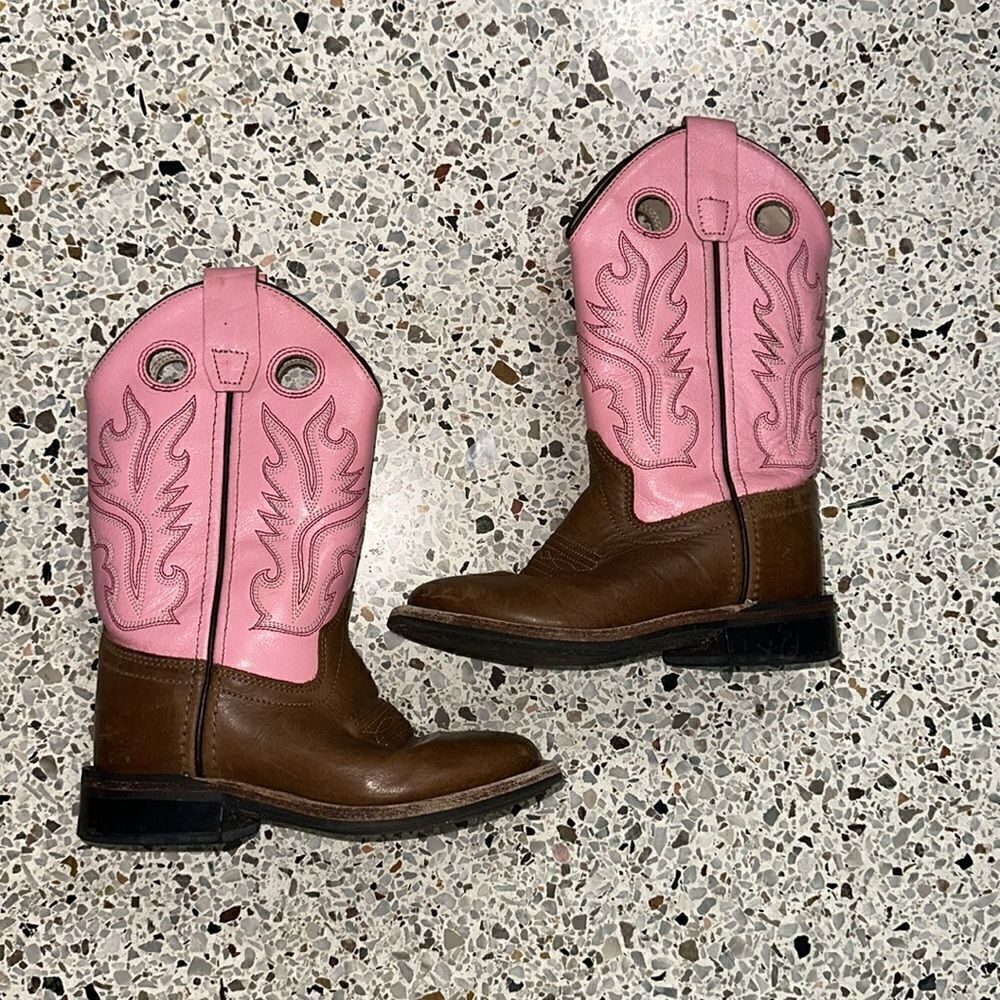 Old West kids brown pink corona calf square the cow girl boot 10.5 D wes… - Picture 4 of 8
